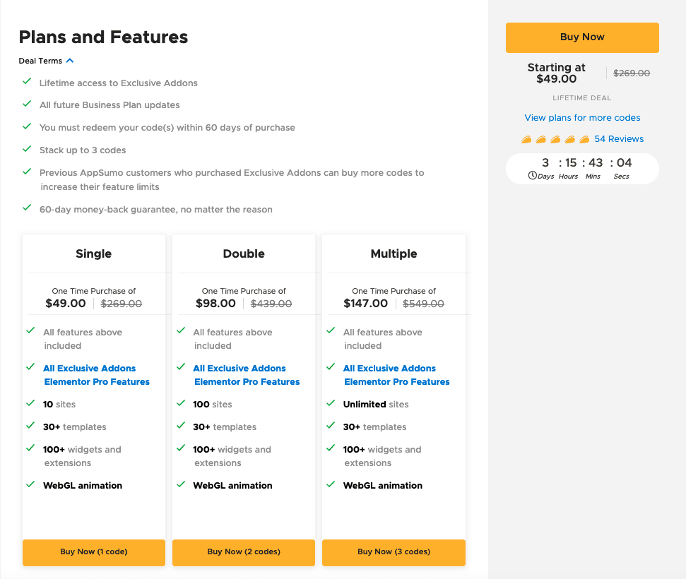 pricing details table for exclusive addons ltd via appsumo